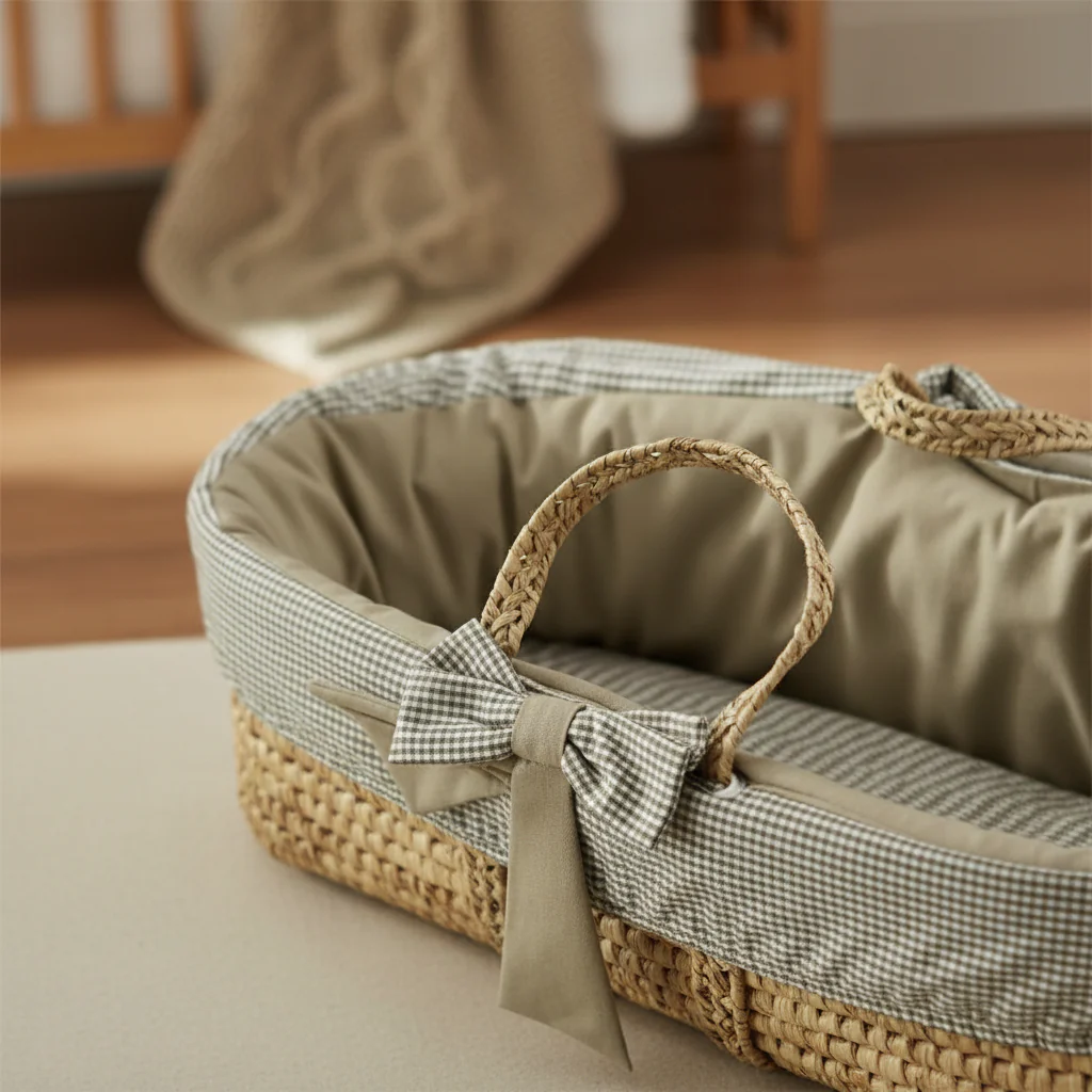 Khaki Gingham Baby Moses Basket - Image 3