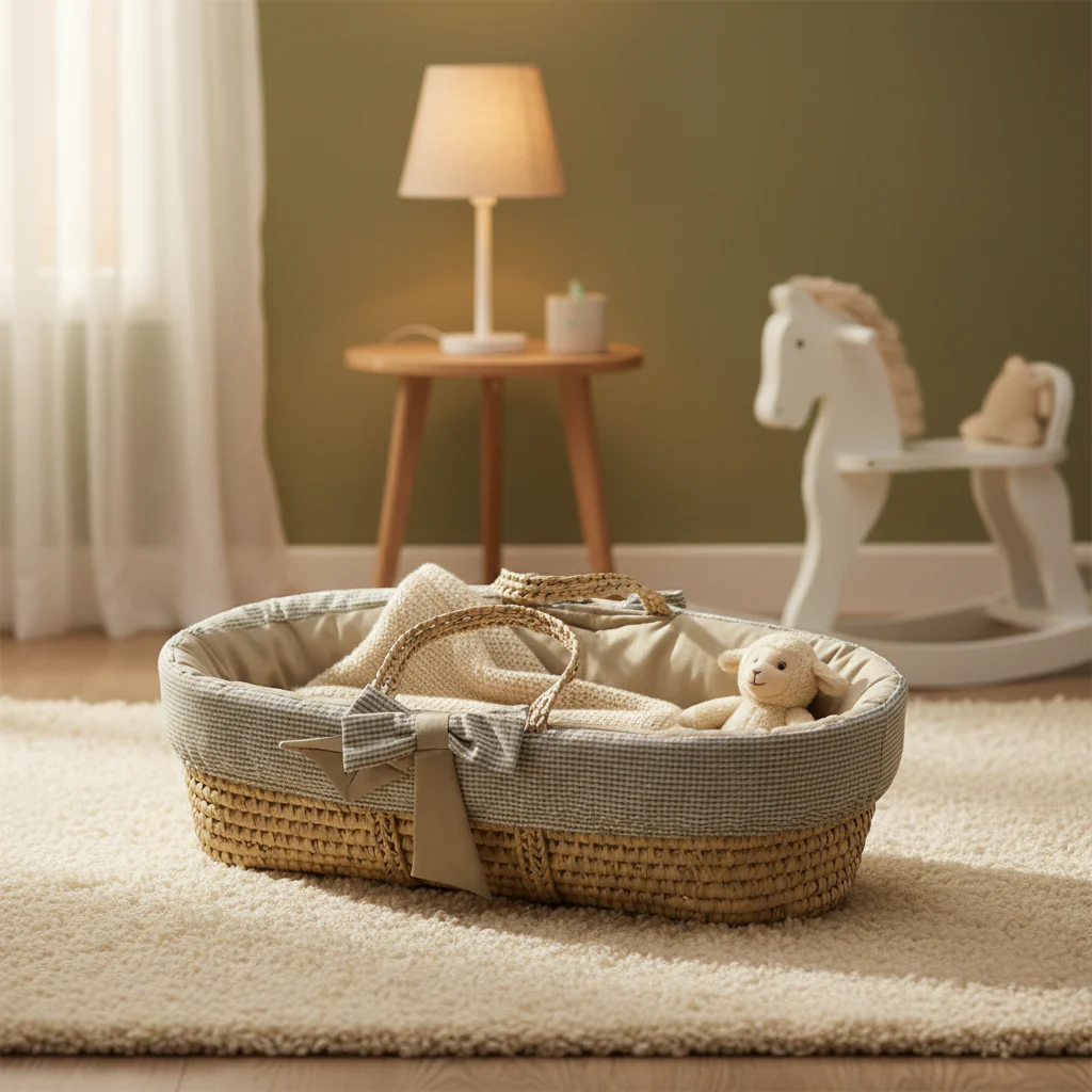 Khaki Gingham Baby Moses Basket - Image 4