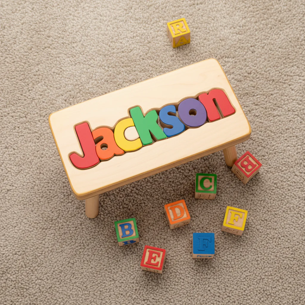 Single Name Wooden Personalized Puzzle Stool - Image 2
