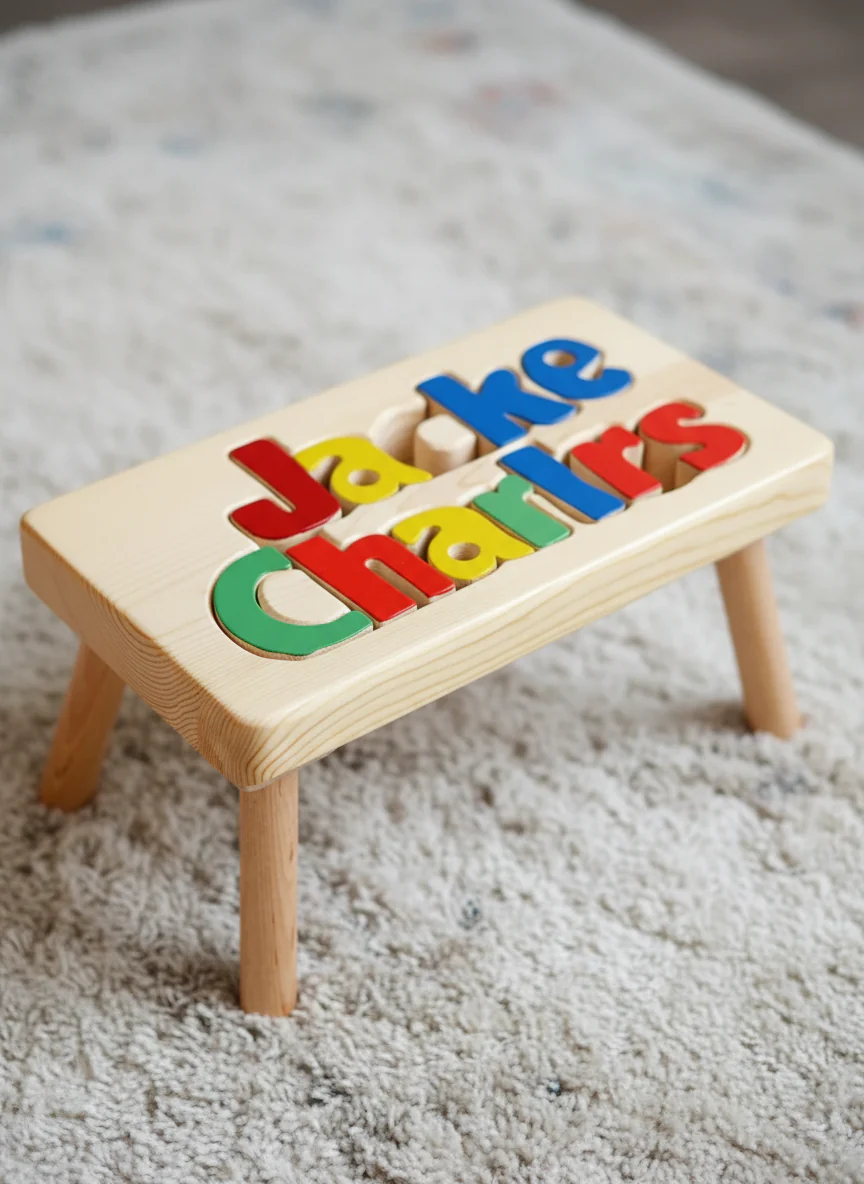 Two Names Wooden Personalized Puzzle Stool - Image 2